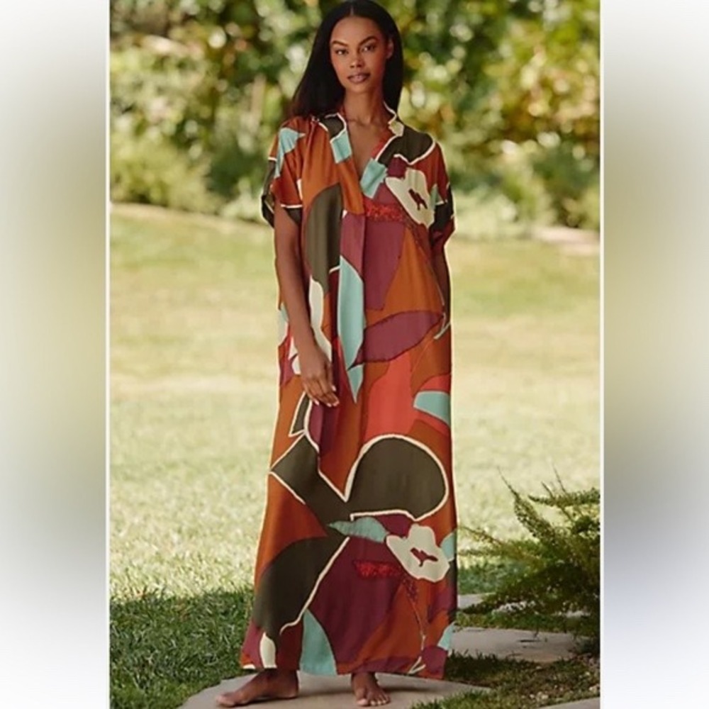 Bel Kazan Womens Abstract Multi Color Maxi Kaftan Dress Med/Large